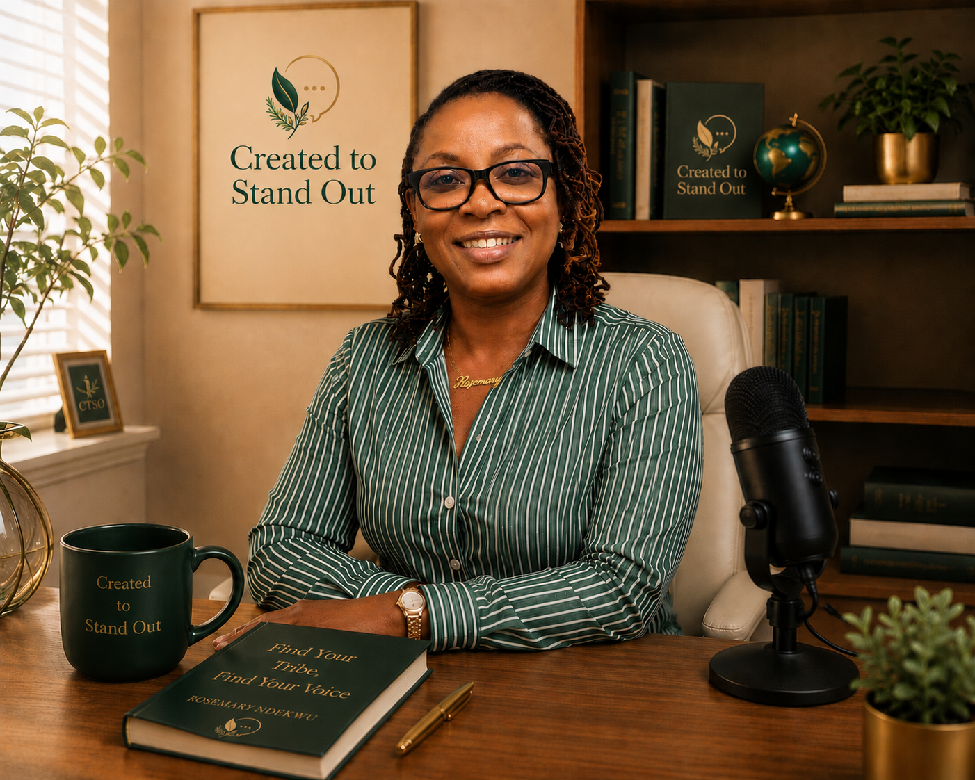 Rosemary NDEKWU at her desk with Created to Stand Out branding, mug, books, and plants